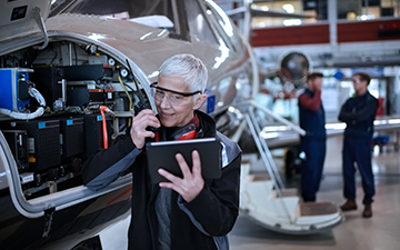 Aviation technician customer looking at iPad while working on an airplane