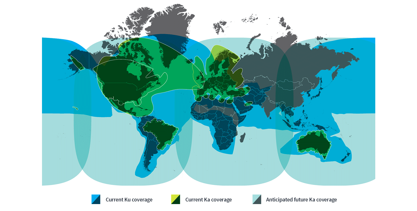 Map of Viasat's Ku- and Ka-band SATCOM satellite coverage 